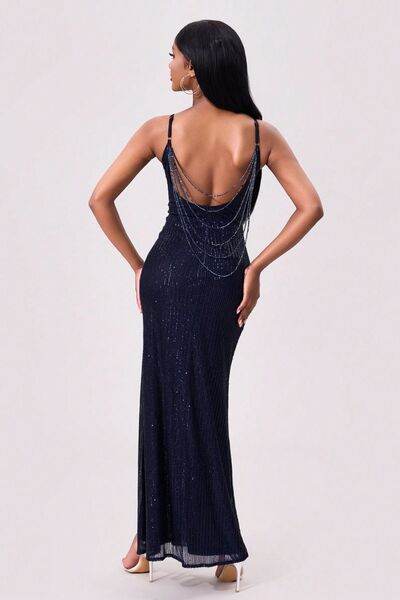 Split Sequin Backless Maxi Cami Dress - Hovatok