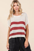 Mittoshop Contrast Striped Round Neck Short Sleeve Sweater - Hovatok