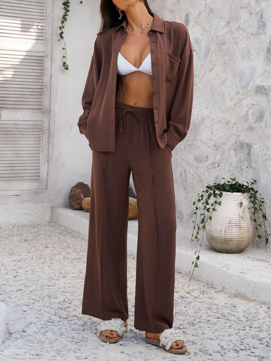 Devine Collared Neck Long Sleeve Top and Pants Set - Hovatok