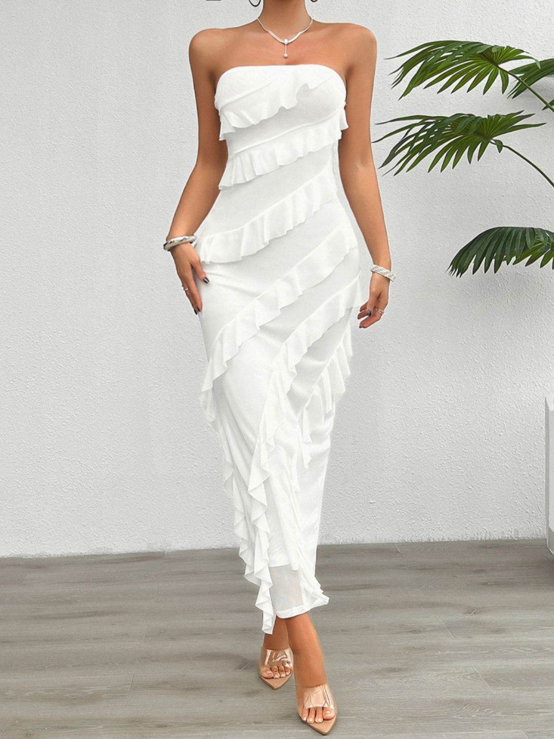 Devine Ruffled Slit Back Tube Maxi Dress - Hovatok