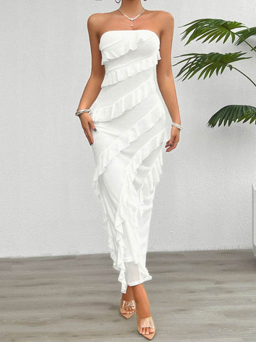 Devine Ruffled Slit Back Tube Maxi Dress - Hovatok