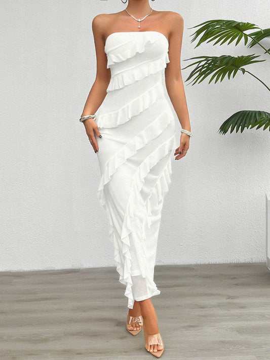 Devine Ruffled Slit Back Tube Maxi Dress - Hovatok