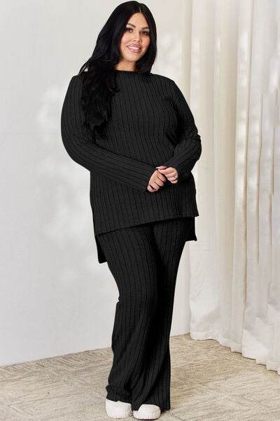 Basic Bae Full Size Ribbed High-Low Top and Wide Leg Pants Set - Hovatok