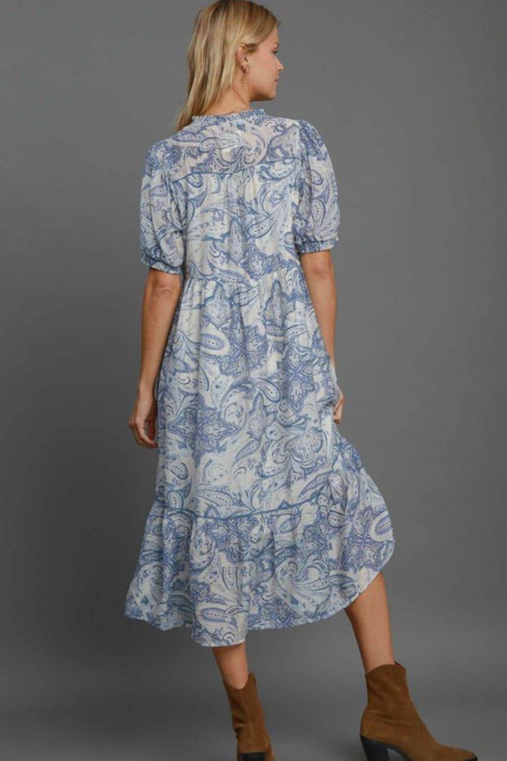 Umgee Full Size Printed Puff Short Sleeve Midi Dress Plus Size - Hovatok