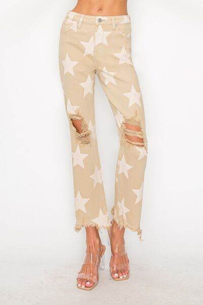 RISEN Full Size High Rise Star Printed Frayed Hem Jeans - Hovatok