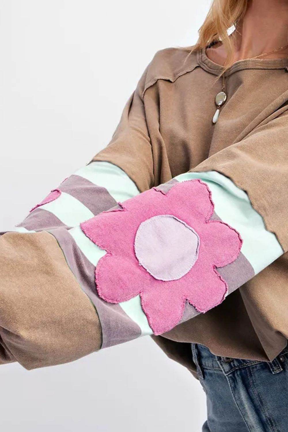 Plus Size Flower Round Neck Long Sleeve Blouse - Hovatok