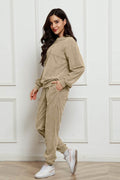 Corduroy Round Neck Sweatshirt and Sweatpants Set - Hovatok