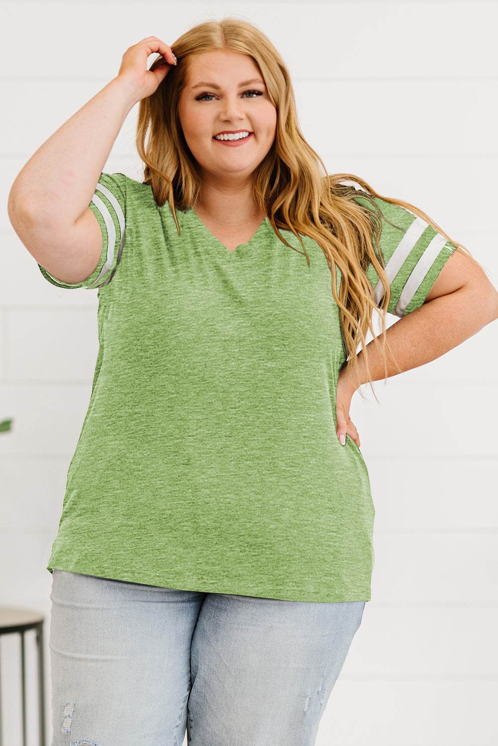 Plus Size Striped V-Neck Tee Shirt - Hovatok