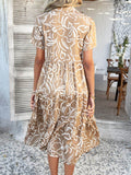 Devine Printed Johnny Collar Button Down Short Sleeve Midi Shirt Dress - Hovatok