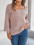 Openwork Buttoned Square Neck Sweater - Hovatok