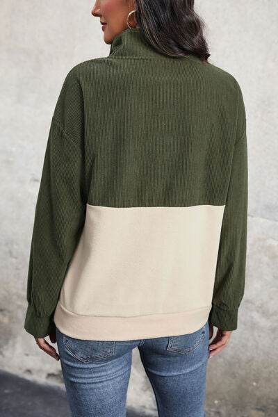 Perfee Ribbed Color Block Half Button Sweatshirt - Hovatok