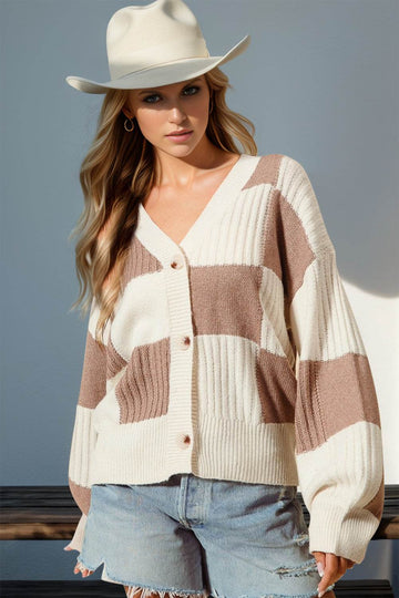Double Take Full Size Checkered Dropped Shoulder Cardigan - Hovatok