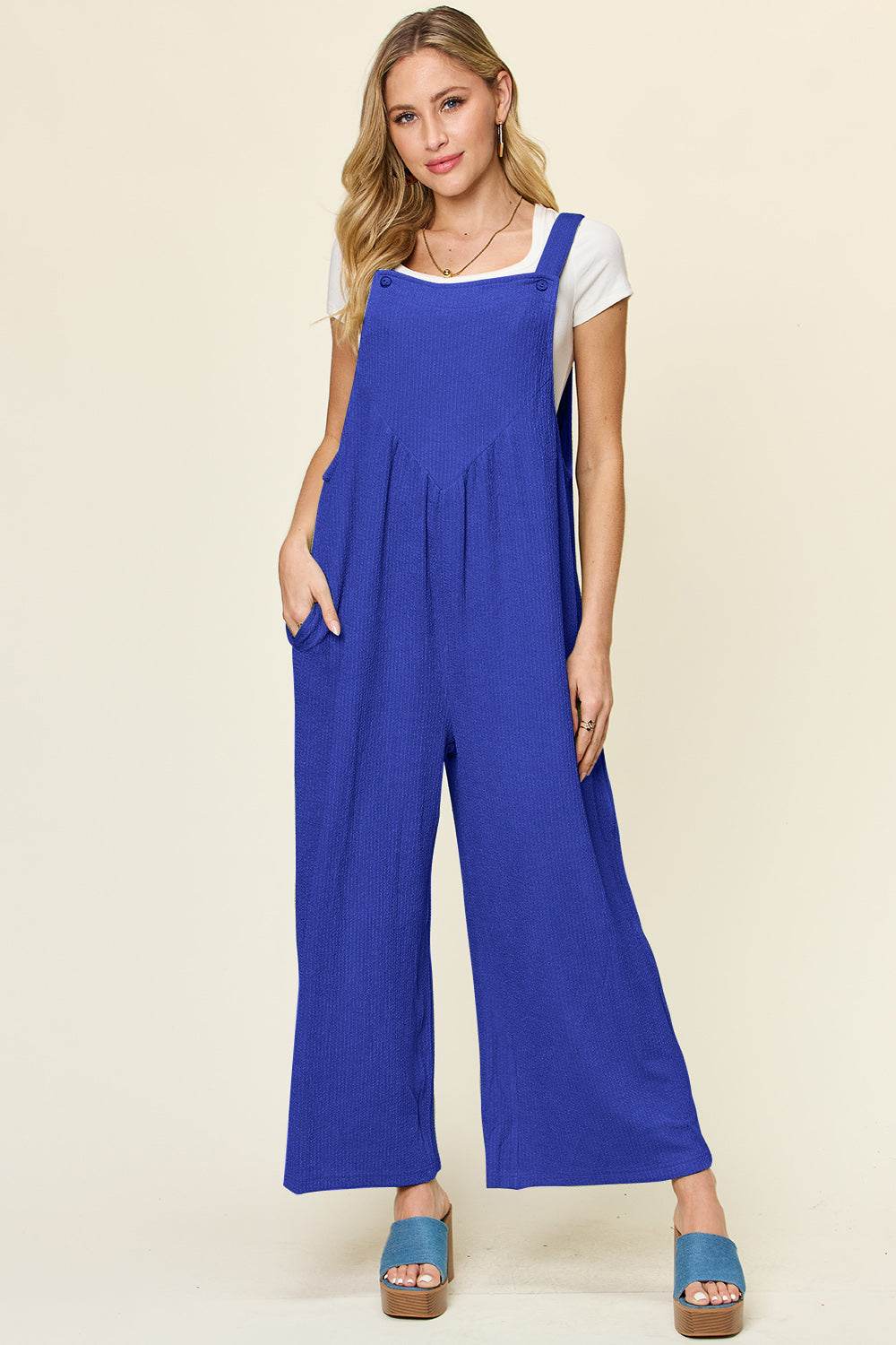 Double Take Full Size Texture Sleeveless Wide Leg Overall - Hovatok