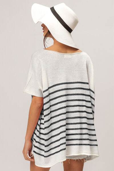 BiBi V Neck Striped Short Sleeve Top - Hovatok