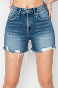 RISEN High Rise Raw Hem Distressed Denim Shorts - Hovatok