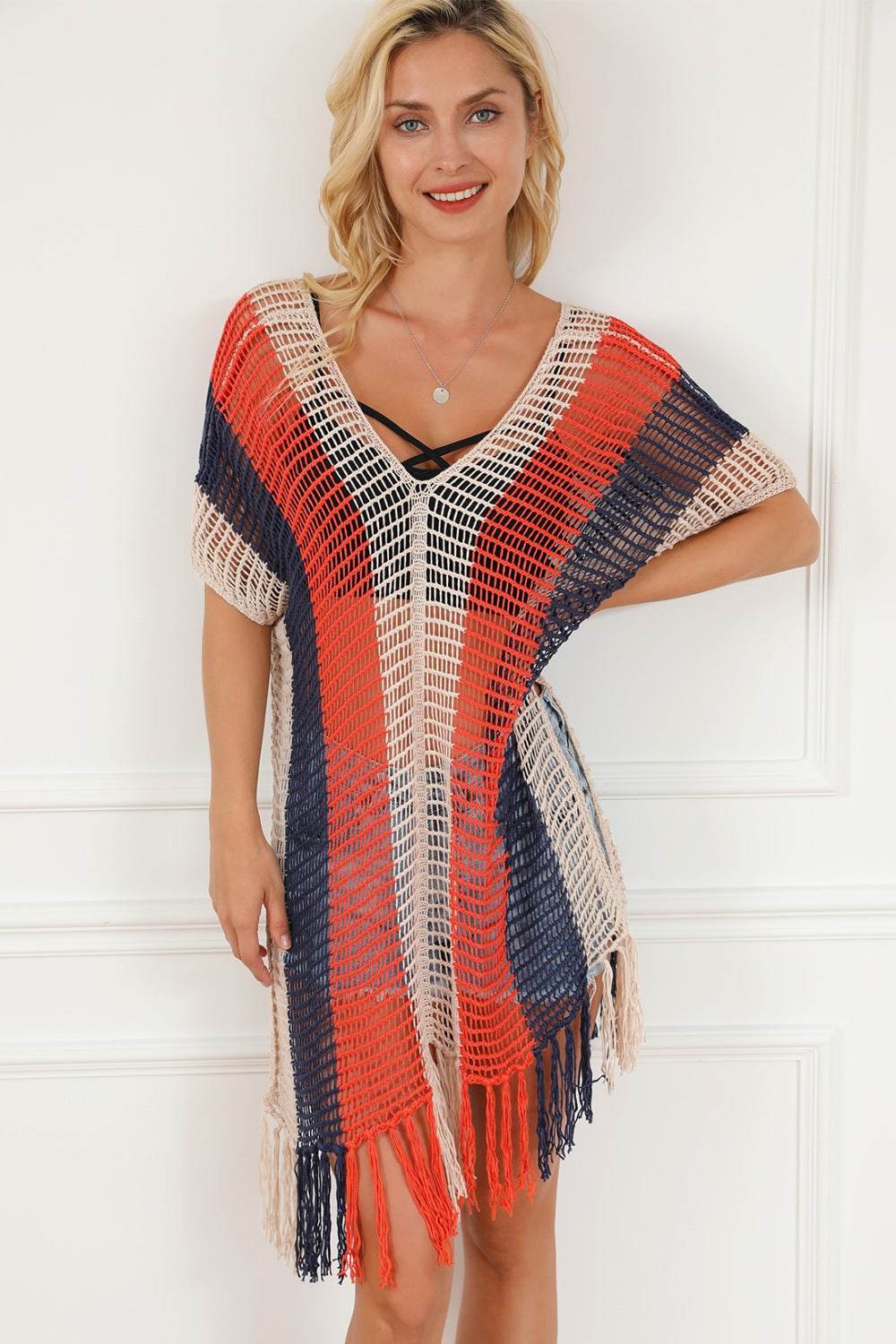 Tassel Color Block V-Neck Cover Up - Hovatok