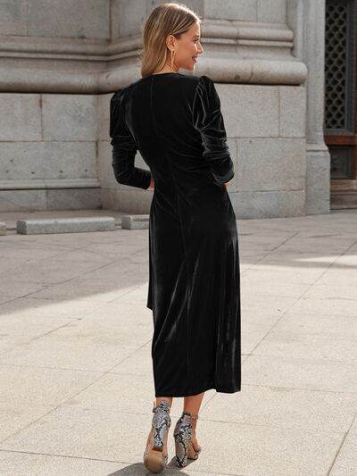 Surplice Puff Sleeve Midi Dress - Hovatok
