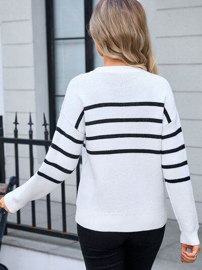 Angel Wings Striped Round Neck Long Sleeve Sweater - Hovatok