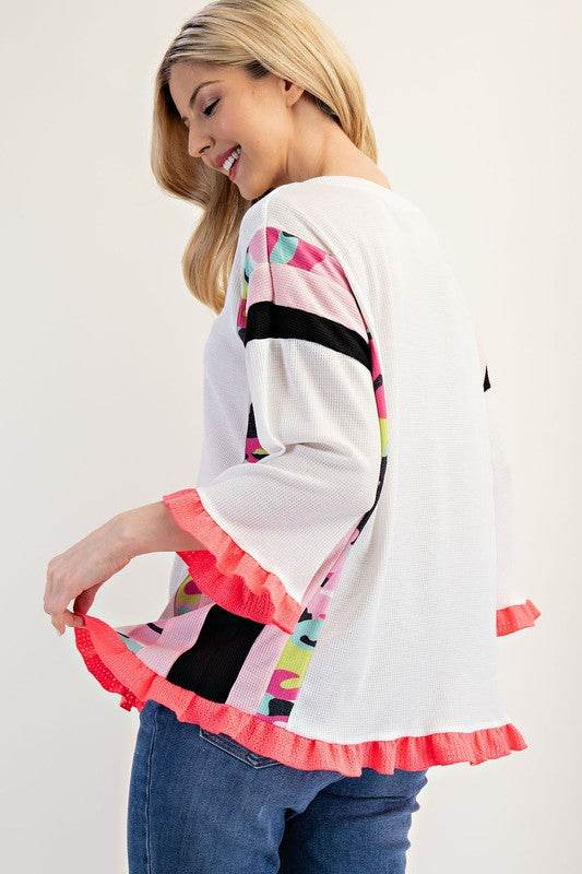 Celeste Full Size Ruffle Sleeve Color Block Top Plus Size - Hovatok