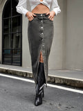 Button Up High Rise Denim Skirt - Hovatok