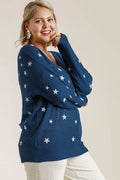 Umgee Full Size Star V-Neck Long Sleeve Sweater Plus Size - Hovatok