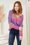 Angel Wings Multicolored Rib-Knit V-Neck Knit Pullover - Hovatok
