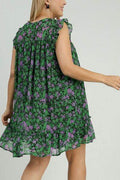 Umgee Full Size Smocked Detail Floral Metallic Ruffle Cap Sleeve Dress Plus Size - Hovatok