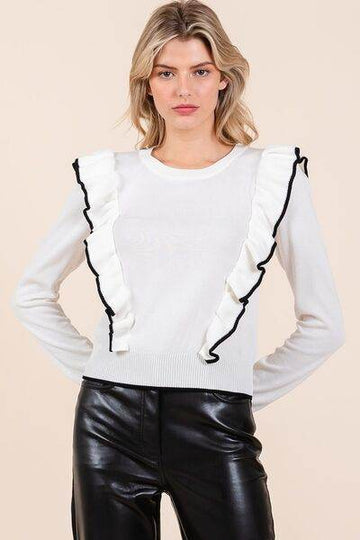 Mittoshop Contrast Trim Ruffled Round Neck Knit Top - Hovatok