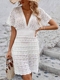 Openwork Plunge Short Sleeve Cover-Up Dress - Hovatok