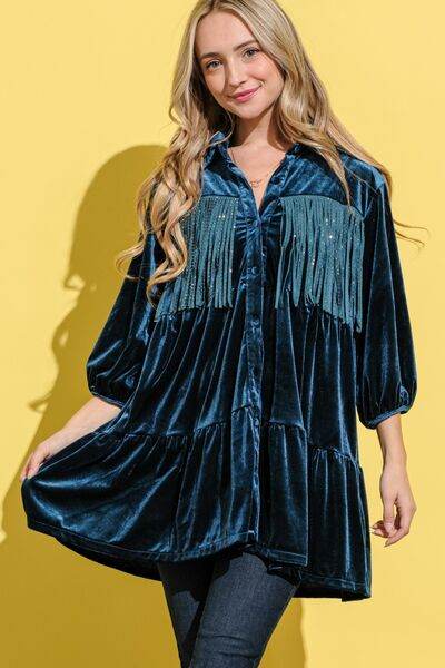 And The Why Fringe Detailed Velvet Shirt Dress - Hovatok