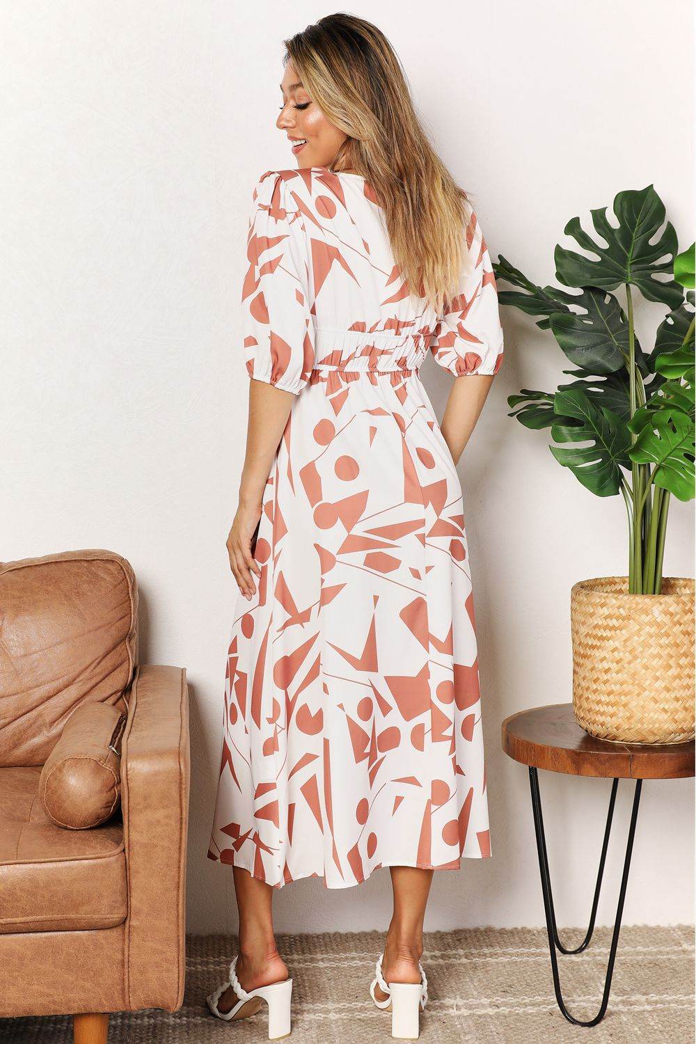 Printed Surplice Balloon Sleeve Dress - Hovatok