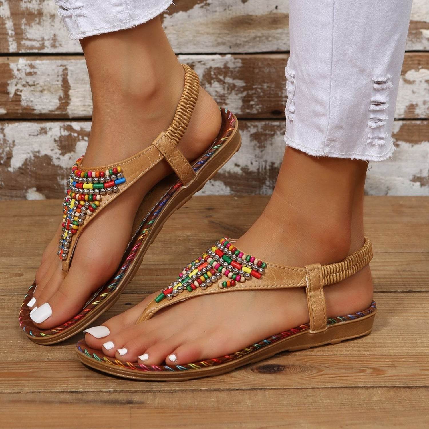 Beaded PU Leather Open Toe Sandals - Hovatok
