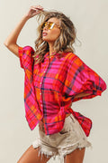 BiBi Button Up Dolman Sleeve Plaid Shirt - Hovatok