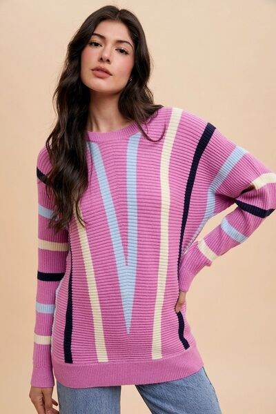Annie Wear Chevron Stripe Round Neck Ribbed Sweater - Hovatok