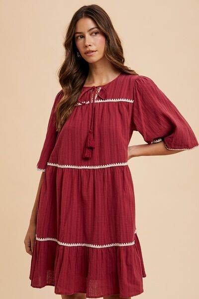Annie Wear Tassel Contrast Trim Tie Neck Half Sleeve Tiered Dress - Hovatok
