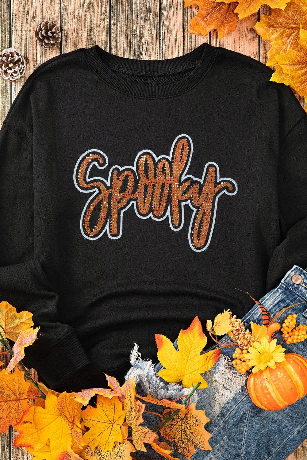 SPOOKY Rhinestone Round Neck Long Sleeve Sweatshirt - Hovatok