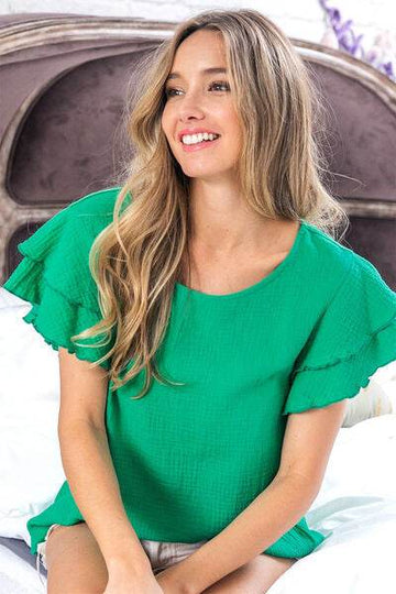 BiBi Ruffle Sleeve Wrinkled Cotton Gauze Top - Hovatok