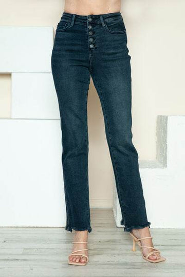Judy Blue Full Size Button Fly Hem Destroy Straight Jeans - Hovatok