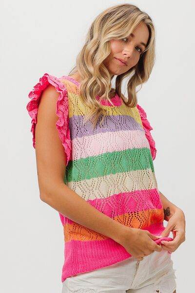 BiBi Pointelle Striped Ruffled Knit Top - Hovatok