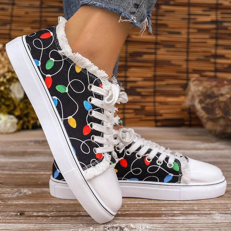 Raw Hem Printed Round Toe Sneakers - Hovatok