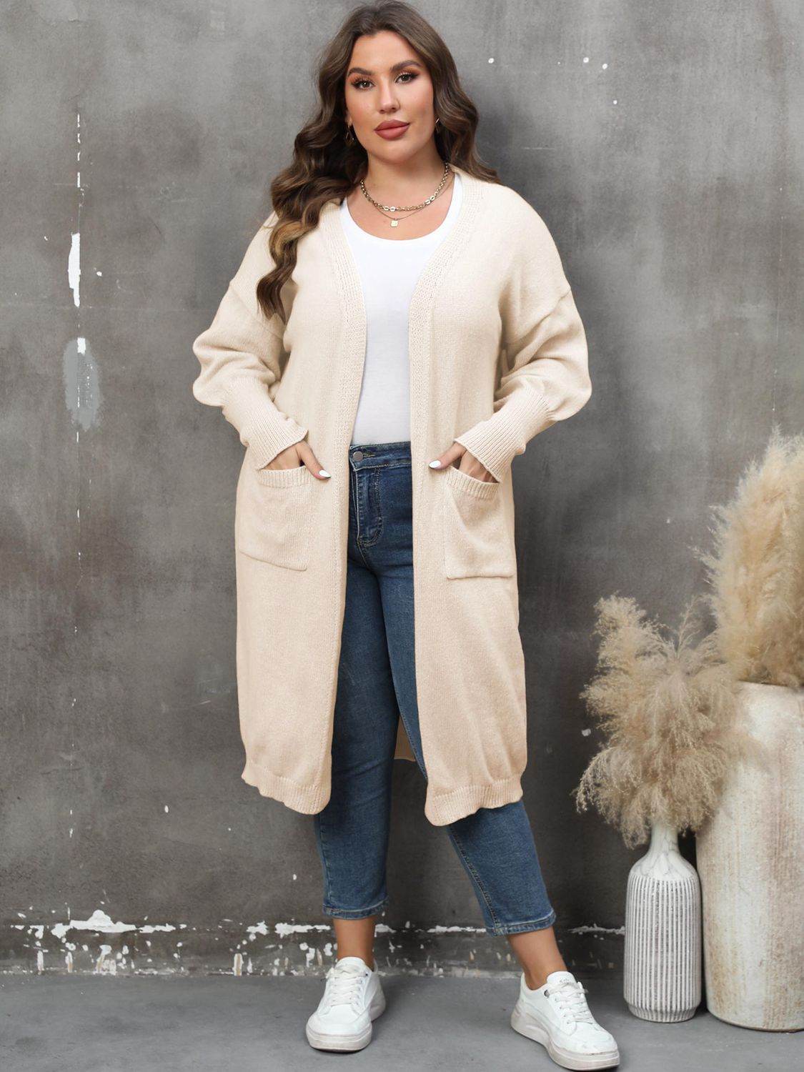 Plus Size Long Sleeve Pocketed Cardigan - Hovatok