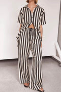 Striped Collared Neck Half Sleeve Top and Pants Set - Hovatok