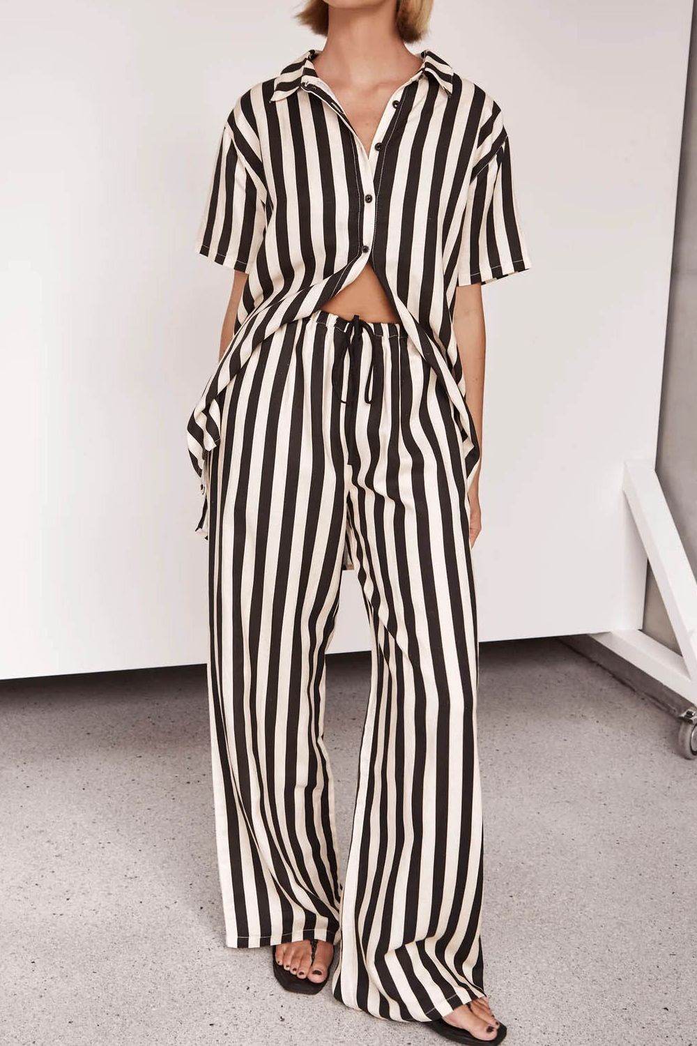 Striped Collared Neck Half Sleeve Top and Pants Set - Hovatok