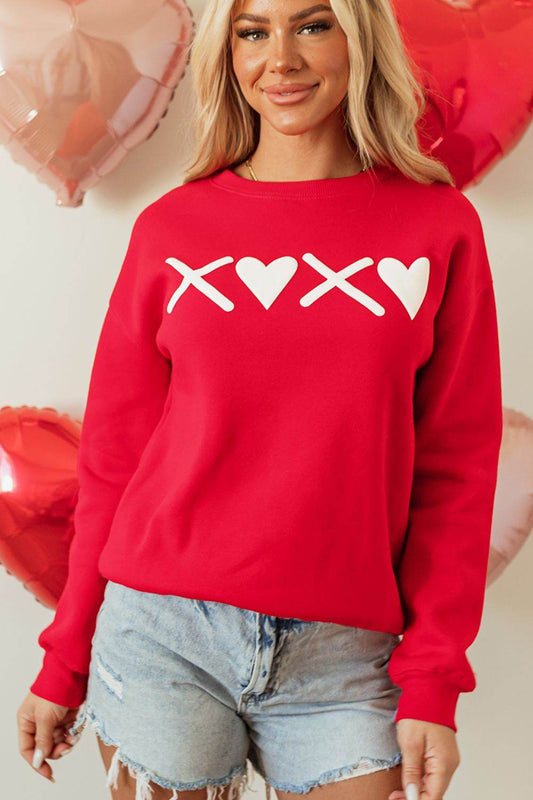 Valentine’s Day XOXO Round Neck Drop Shoulder Sweatshirt - Hovatok