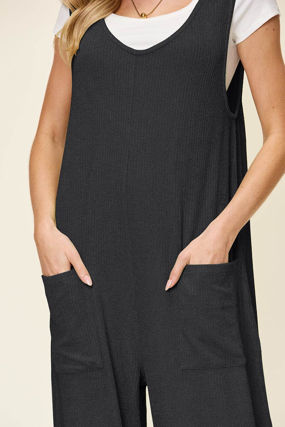 Double Take Full Size Texture Sleeveless Wide Leg Jumpsuit - Hovatok