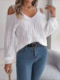 Cable-Knit Cold Shoulder Long Sleeve Sweater - Hovatok