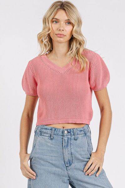 Mittoshop V-Neck Short Sleeve Crop Sweater - Hovatok