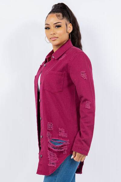 American Bazi Distressed Button Up Long Sleeve Denim Jacket - Hovatok