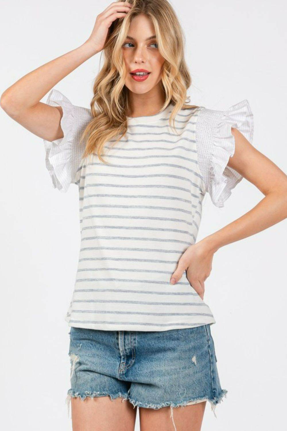 Ces Femme Contrast Striped Ruffled Cap Sleeve Blouse - Hovatok