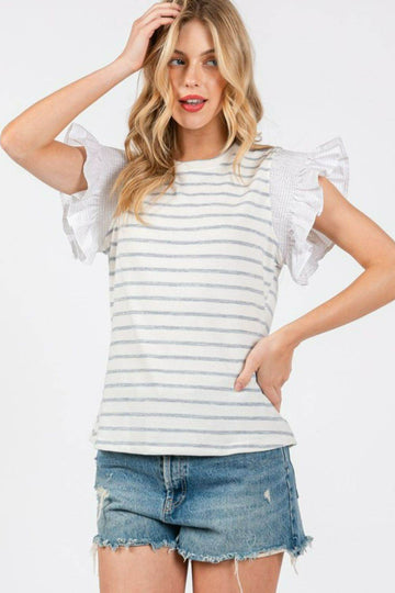 Ces Femme Contrast Striped Ruffled Cap Sleeve Blouse - Hovatok